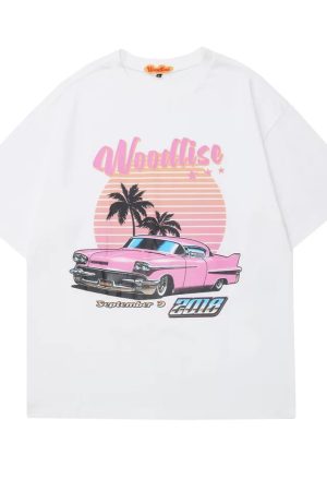 Trendy Pink Vaporwave Racing T-Shirt for Couples - Summer Loose Short Sleeve with Graphic Letter Design - Y2K Style
