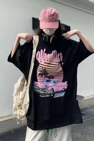 Trendy Pink Vaporwave Racing T-Shirt for Couples - Summer Loose Short Sleeve with Graphic Letter Design - Y2K Style