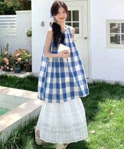 Trendy Plaid Vest Dress Two-Piece Set for May Day Travel, Unique Fashion Outfit, Y2K Style