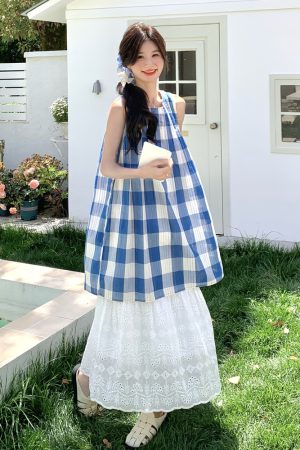Trendy Plaid Vest Dress Two-Piece Set for May Day Travel, Unique Fashion Outfit, Y2K Style