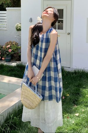 Trendy Plaid Vest Dress Two-Piece Set for May Day Travel, Unique Fashion Outfit, Y2K Style