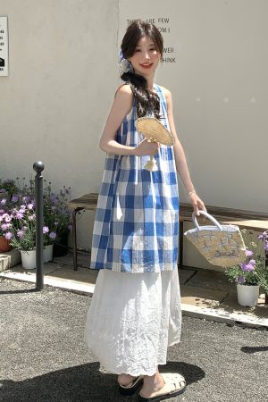 Trendy Plaid Vest Dress Two-Piece Set for May Day Travel, Unique Fashion Outfit, Y2K Style