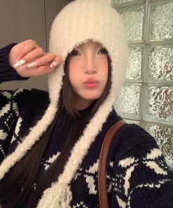 Trendy Plush Pom-Pom Knitted Ear Protection Hat for Women - Warm, Face-Slimming, Packable Autumn Winter Style