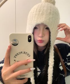 Trendy Plush Pom-Pom Knitted Ear Protection Hat for Women - Warm, Face-Slimming, Packable Autumn Winter Style