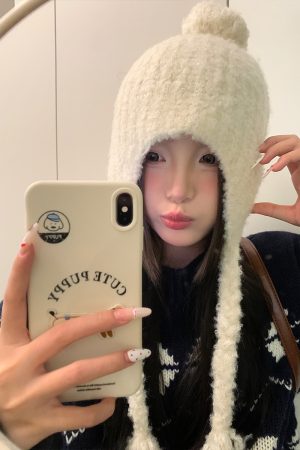 Trendy Plush Pom-Pom Knitted Ear Protection Hat for Women - Warm, Face-Slimming, Packable Autumn Winter Style