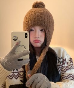 Trendy Plush Pom-Pom Knitted Ear Protection Hat for Women - Warm, Face-Slimming, Packable Autumn Winter Style