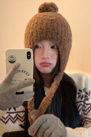 Trendy Plush Pom-Pom Knitted Ear Protection Hat for Women - Warm, Face-Slimming, Packable Autumn Winter Style