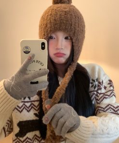 Trendy Plush Pom-Pom Knitted Ear Protection Hat for Women - Warm, Face-Slimming, Packable Autumn Winter Style