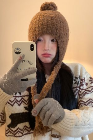 Trendy Plush Pom-Pom Knitted Ear Protection Hat for Women - Warm, Face-Slimming, Packable Autumn Winter Style