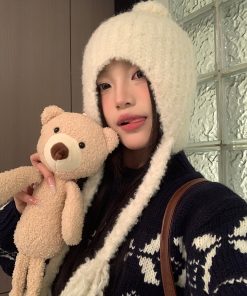 Trendy Plush Pom-Pom Knitted Ear Protection Hat for Women - Warm, Face-Slimming, Packable Autumn Winter Style