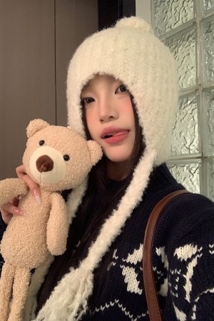 Trendy Plush Pom-Pom Knitted Ear Protection Hat for Women - Warm, Face-Slimming, Packable Autumn Winter Style