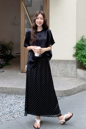 Trendy Polka Dot Skirt Set for Women - 2025 Summer Fashion, Versatile Spliced Loose Short-Sleeve Two-Piece Outfit
