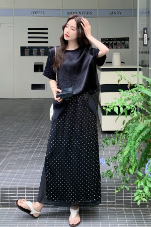 Trendy Polka Dot Skirt Set for Women - 2025 Summer Fashion, Versatile Spliced Loose Short-Sleeve Two-Piece Outfit