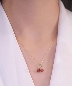 Trendy Red Cherry Pendant Necklace for Girls, 2025 Light Luxury Clavicle Chain, High-End Niche Design