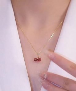 Trendy Red Cherry Pendant Necklace for Girls, 2025 Light Luxury Clavicle Chain, High-End Niche Design