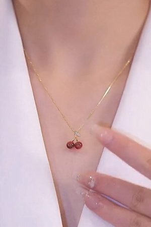 Trendy Red Cherry Pendant Necklace for Girls, 2025 Light Luxury Clavicle Chain, High-End Niche Design