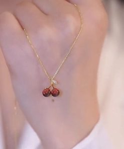 Trendy Red Cherry Pendant Necklace for Girls, 2025 Light Luxury Clavicle Chain, High-End Niche Design
