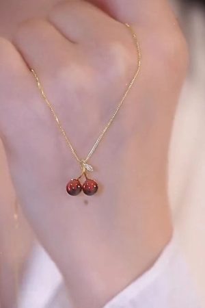 Trendy Red Cherry Pendant Necklace for Girls, 2025 Light Luxury Clavicle Chain, High-End Niche Design