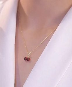Trendy Red Cherry Pendant Necklace for Girls, 2025 Light Luxury Clavicle Chain, High-End Niche Design