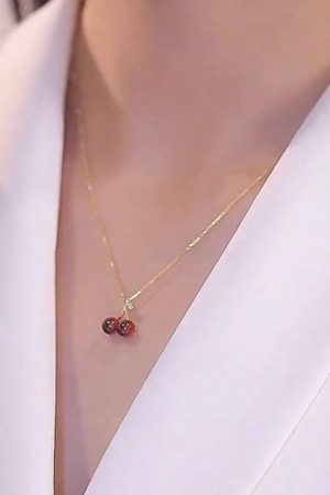 Trendy Red Cherry Pendant Necklace for Girls, 2025 Light Luxury Clavicle Chain, High-End Niche Design