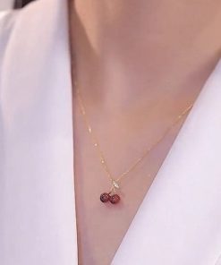 Trendy Red Cherry Pendant Necklace for Girls, 2025 Light Luxury Clavicle Chain, High-End Niche Design