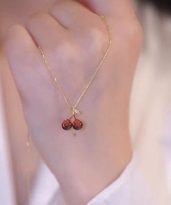 Trendy Red Cherry Pendant Necklace for Girls, 2025 Light Luxury Clavicle Chain, High-End Niche Design