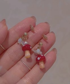 Trendy Red Mushroom Ear Hooks - Sweet Forest Style Earrings, 2025 Niche Design, Mosquito Coil Ear Clips