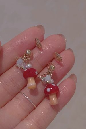Trendy Red Mushroom Ear Hooks - Sweet Forest Style Earrings, 2025 Niche Design, Mosquito Coil Ear Clips