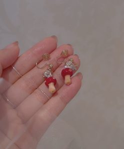 Trendy Red Mushroom Ear Hooks - Sweet Forest Style Earrings, 2025 Niche Design, Mosquito Coil Ear Clips
