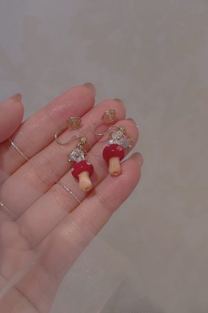 Trendy Red Mushroom Ear Hooks - Sweet Forest Style Earrings, 2025 Niche Design, Mosquito Coil Ear Clips