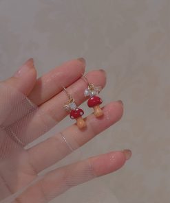 Trendy Red Mushroom Ear Hooks - Sweet Forest Style Earrings, 2025 Niche Design, Mosquito Coil Ear Clips