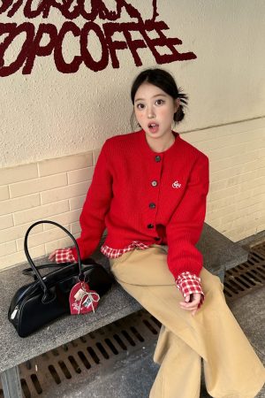 Trendy Red Sweater with Plaid Knit Cardigan - Versatile Two-Piece Look for 90s Inspired Style