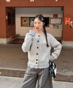 Trendy Red Sweater with Plaid Knit Cardigan - Versatile Two-Piece Look for 90s Inspired Style