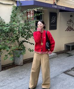 Trendy Red Sweater with Plaid Knit Cardigan - Versatile Two-Piece Look for 90s Inspired Style