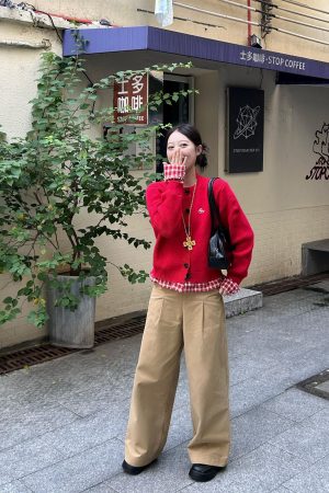 Trendy Red Sweater with Plaid Knit Cardigan - Versatile Two-Piece Look for 90s Inspired Style