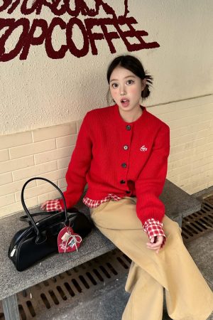 Trendy Red Sweater with Plaid Knit Cardigan - Versatile Two-Piece Look for 90s Inspired Style