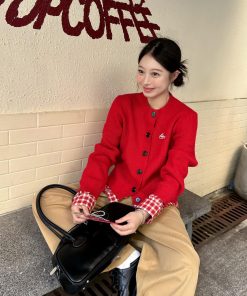 Trendy Red Sweater with Plaid Knit Cardigan - Versatile Two-Piece Look for 90s Inspired Style