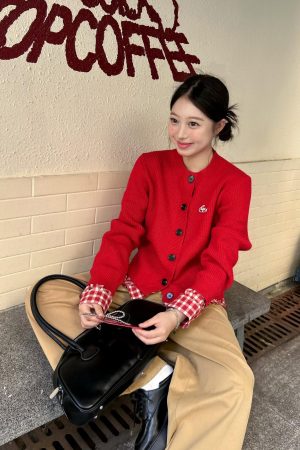 Trendy Red Sweater with Plaid Knit Cardigan - Versatile Two-Piece Look for 90s Inspired Style