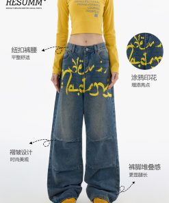 Trendy Retro Graffiti Pleated Wide-Leg Women's Jeans - Casual Loose Straight Pants for 90s Y2K American Style Fashion