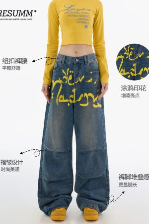 Trendy Retro Graffiti Pleated Wide-Leg Women's Jeans - Casual Loose Straight Pants for 90s Y2K American Style Fashion