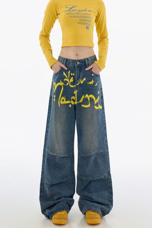 Trendy Retro Graffiti Pleated Wide-Leg Women's Jeans - Casual Loose Straight Pants for 90s Y2K American Style Fashion