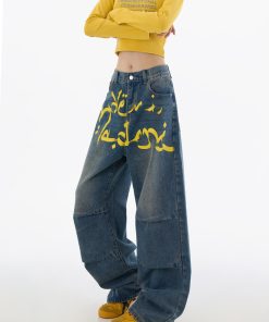 Trendy Retro Graffiti Pleated Wide-Leg Women's Jeans - Casual Loose Straight Pants for 90s Y2K American Style Fashion