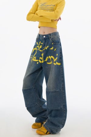 Trendy Retro Graffiti Pleated Wide-Leg Women's Jeans - Casual Loose Straight Pants for 90s Y2K American Style Fashion