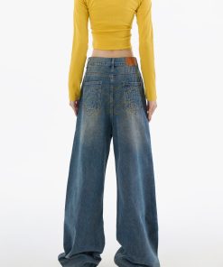 Trendy Retro Graffiti Pleated Wide-Leg Women's Jeans - Casual Loose Straight Pants for 90s Y2K American Style Fashion