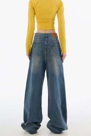 Trendy Retro Graffiti Pleated Wide-Leg Women's Jeans - Casual Loose Straight Pants for 90s Y2K American Style Fashion