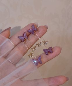Trendy Romantic Purple Butterfly Dangle Earrings for Women - Fresh Sweet Light Luxury Long Earrings 2025 Fashion