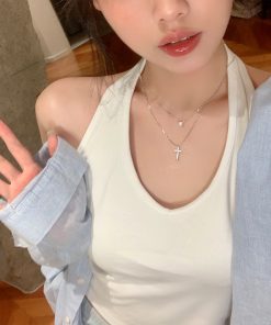 Trendy Shining Cross Necklace for Women - Lightweight Luxury Clavicle Chain for Autumn & Winter Sweater Fashion 2025