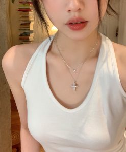 Trendy Shining Cross Necklace for Women - Lightweight Luxury Clavicle Chain for Autumn & Winter Sweater Fashion 2025