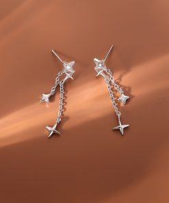 Trendy Shiny Diamond Star Stud Tassel Drop Earrings - Minimalist High-End Summer Ear Accessories for Women 2025