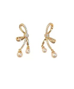 Trendy Silver Needle Bow Pearl Stud Earrings - High-End 2025 Fashion, Internet Celebrity Style Women's Accessories